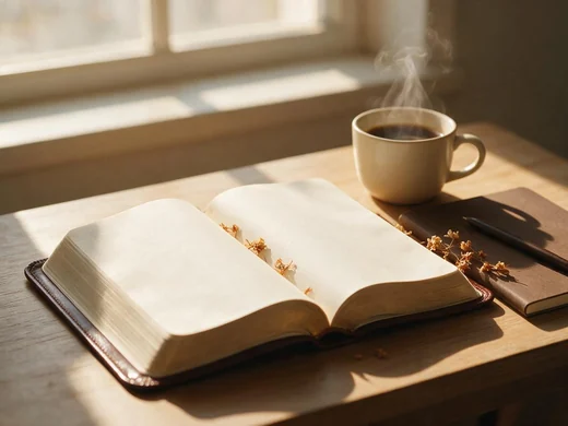 Biblia abierta junto a un café por la mañana